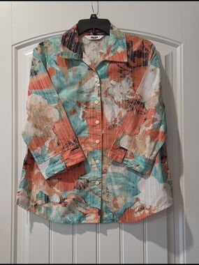 Alia Floral & Pin-Stripe Button-Up Shirt in Coral & Teal